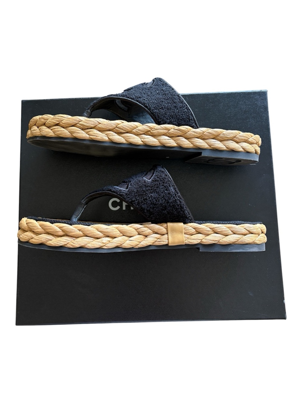 CHANEL Black and Natural Raffia Thong Sandals - Picture 3 of 8